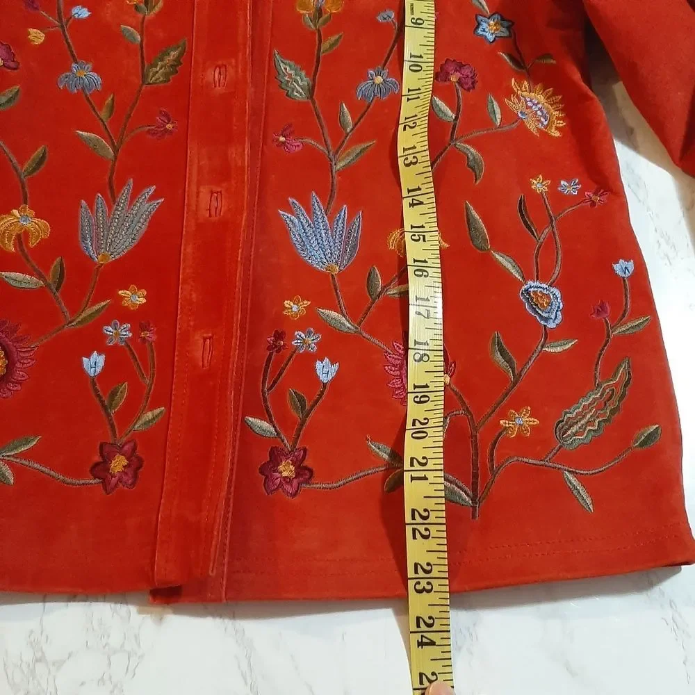 Brandon Thomas Cottagecore Red Orange Suede Novelty Floral Leather Jacket Small - Picture 8 of 13